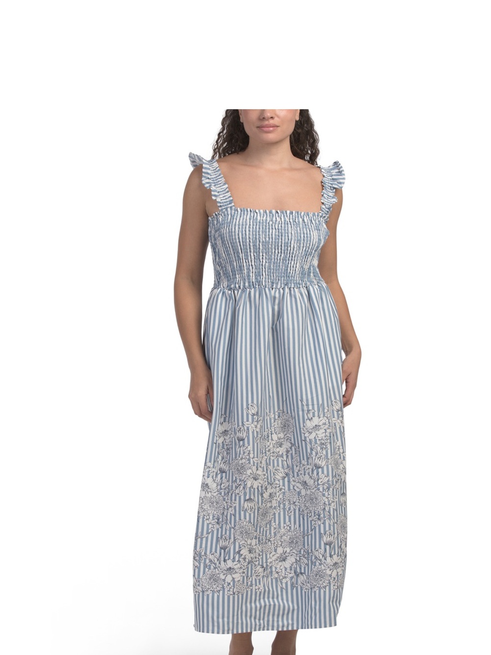 Calypso St. Barth Blue and White Striped Maxi Dress with Floral Border
